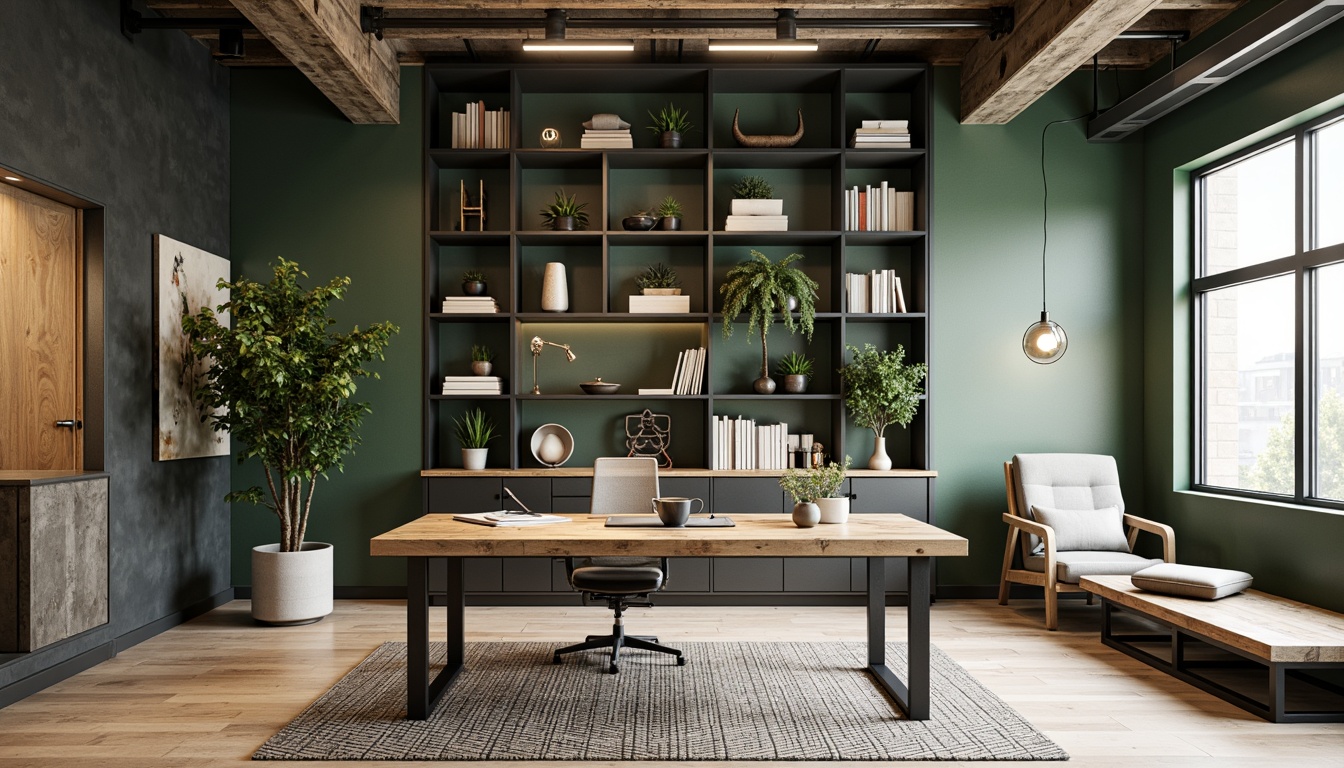 Prompt: Ergonomic chair, minimalist desk, sleek metal legs, reclaimed wood top, built-in cable management, adjustable shelving units, floor-to-ceiling bookcases, geometric-patterned rug, industrial-chic decor, modern task lighting, softbox diffusers, cozy reading nook, green walls, natural textiles, calm color palette, Scandinavian-inspired aesthetic, functional storage solutions, cordless devices, clutter-free workspace, urban loft atmosphere, high ceiling, large windows, abundant natural light, shallow depth of field, 1/1 composition, realistic materials.