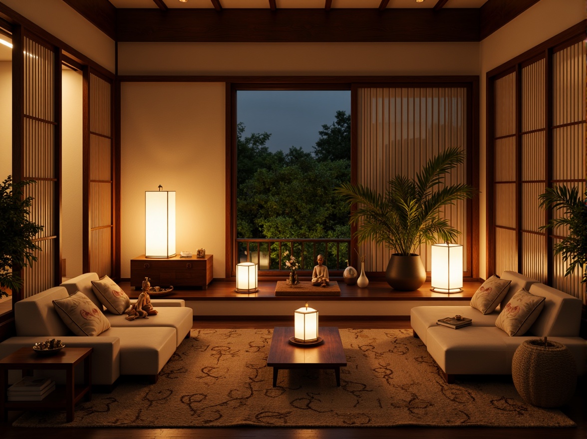 Prompt: Warm lanterns, soft candlelight, rice paper shades, natural fiber rugs, intricately carved wooden accents, subtle color palette, gentle warm glow, cozy intimate atmosphere, traditional Japanese sliding doors, minimalist decor, serene Buddha statues, lush green plants, natural stone walls, earthy tone ceramics, delicate cherry blossom patterns, warm beige fabrics, ambient indirect lighting, 1/2 composition, shallow depth of field, realistic textures.