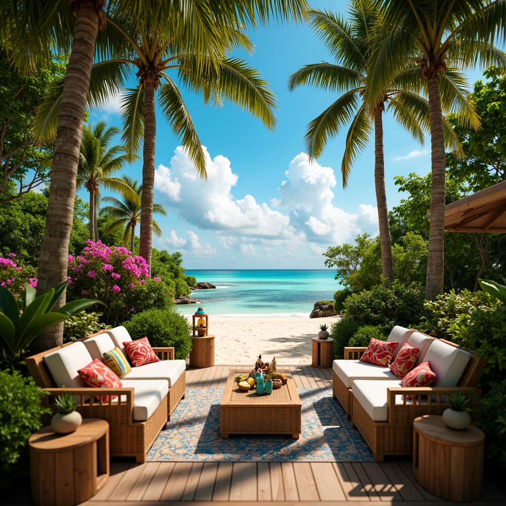 Prompt: Vibrant tropical getaway, exotic floral arrangements, lush greenery, bright coral reefs, turquoise ocean waves, warm sandy beaches, colorful tiki torches, woven rattan furniture, natural wood accents, bold palm fronds, juicy pineapple slices, refreshing coconut drinks, soft warm lighting, shallow depth of field, 1/1 composition, panoramic view, realistic textures, ambient occlusion.