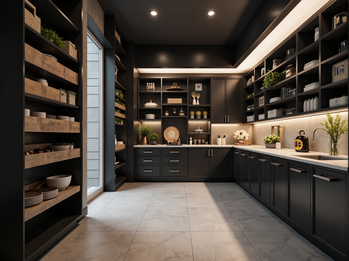 Prompt: Industrial-style pantry, functional storage units, sleek metal shelving, minimalist design, ample counter space, ergonomic handles, geometric-shaped cabinetry, monochromatic color scheme, matte finishes, recessed lighting, open shelving, modernist aesthetic, clean lines, rectangular forms, abundant natural light, soft warm glow, shallow depth of field, 1/1 composition, realistic textures, ambient occlusion.