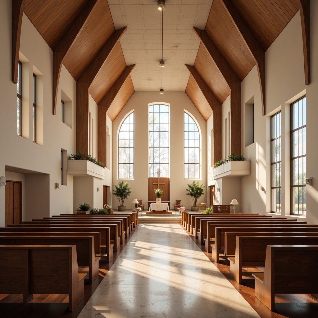 Prompt: Modern church interior, sleek wooden pews, polished marble floors, elegant altar designs, stained glass windows, soft warm lighting, vaulted ceilings, minimal ornamentation, neutral color palette, contemporary spiritual atmosphere, refined acoustic panels, premium hardwood flooring, subtle texture variations, natural material integration, airy open spaces, panoramic views, realistic reflections, ambient occlusion.