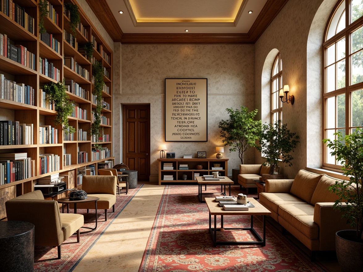 Prompt: Richly ornamented bookshelves, warm wooden accents, cozy reading nooks, plush armchairs, vintage typewriters, rustic metal ladders, soft golden lighting, creamy white walls, bold colorful book spines, eclectic decorative rugs, distressed leather sofas, aromatic coffee scents, modern minimalist tables, elegant cursive signage, whimsical literary quotes, warm beige floors, comfortable quiet atmosphere, shallow depth of field, 2/3 composition, realistic textures, ambient occlusion.