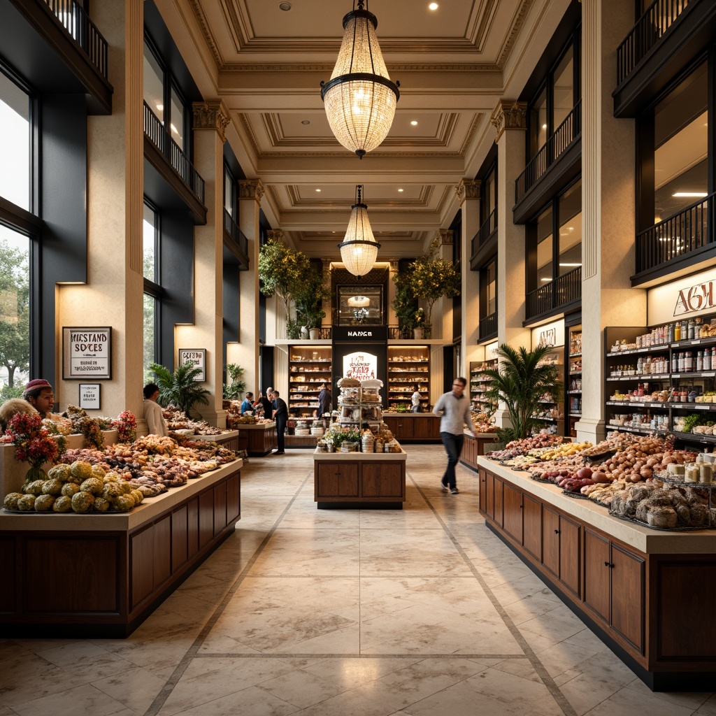 Prompt: Elegant grocery store interior, neoclassical columns, ornate moldings, high ceilings, crystal chandeliers, marble flooring, polished wood accents, decorative metalwork, vintage-inspired signage, sophisticated color palette, warm soft lighting, 1/2 composition, shallow depth of field, realistic textures, ambient occlusion.