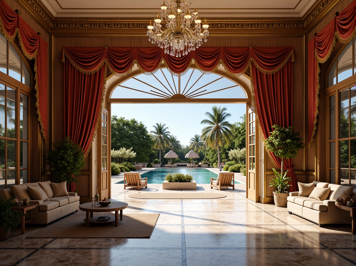 Prompt: Opulent mansion, grand entrance, marble flooring, crystal chandeliers, lavish furnishings, velvet drapes, gold accents, ornate moldings, rich wood paneling, luxurious textiles, plush carpets, high ceilings, expansive windows, sparkling pool, lush greenery, sunny day, soft warm lighting, shallow depth of field, 3/4 composition, panoramic view, realistic textures, ambient occlusion.