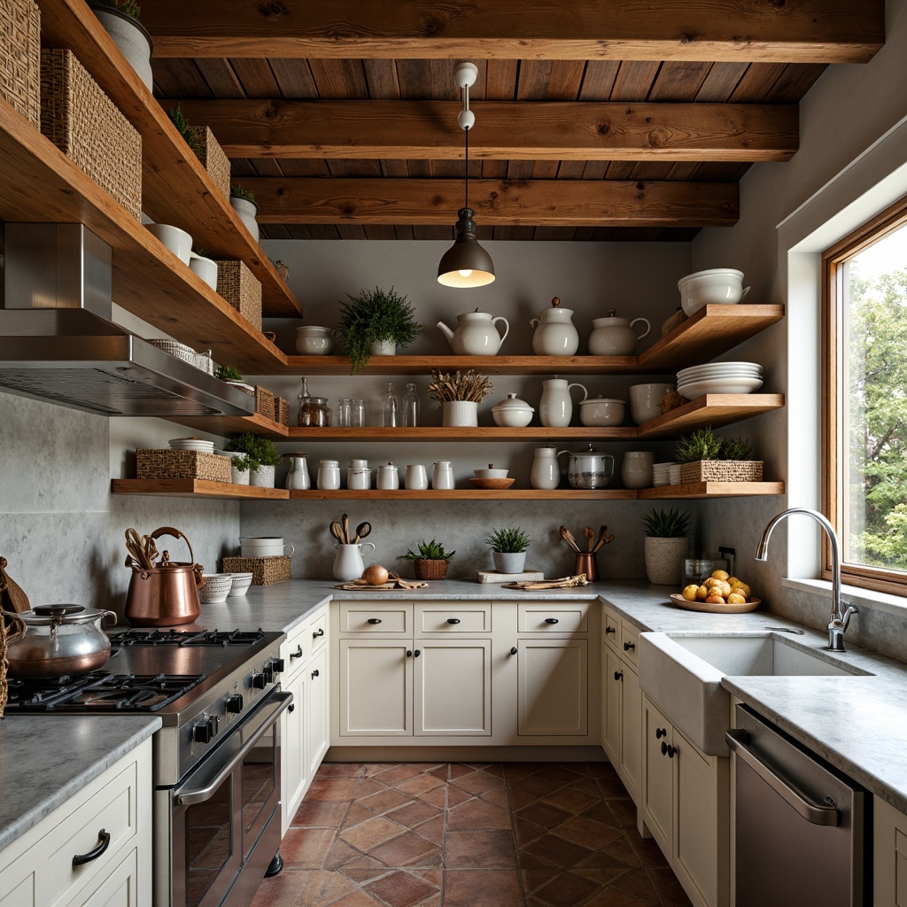 Prompt: Rustic pantry, warm earthy tones, rich wood accents, soft creamy whites, deep blues, vintage metal hardware, distressed finishes, natural stone countertops, woven baskets, ceramic jars, copper utensils, soft warm lighting, shallow depth of field, 1/1 composition, realistic textures, ambient occlusion.