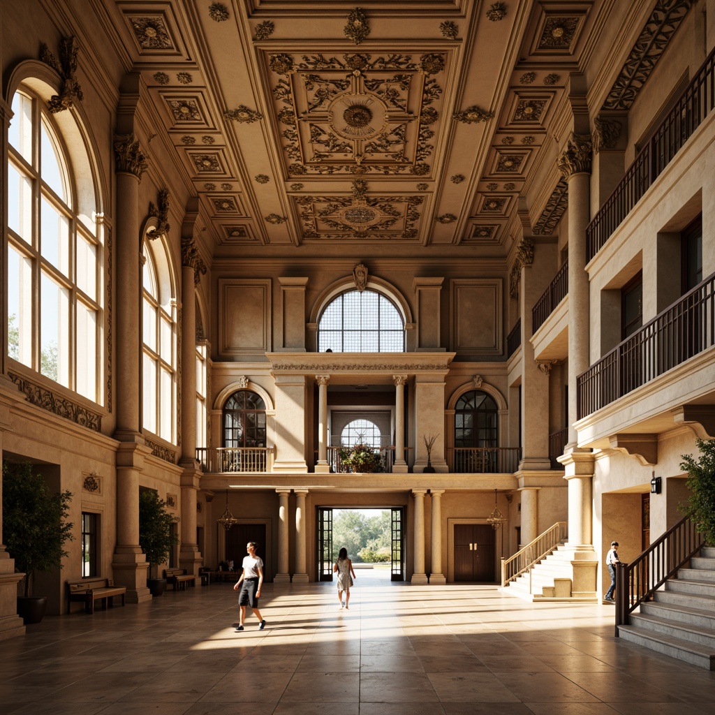 Prompt: Grandiose gymnasium, neoclassical architecture, ornate columns, intricately carved capitals, rusticated stone walls, arched windows, pedimented entrance, sweeping staircases, polished marble floors, elegant chandeliers, classical motifs, ornamental moldings, decorative friezes, symmetrical composition, warm golden lighting, shallow depth of field, 1/1 perspective, realistic textures, ambient occlusion.