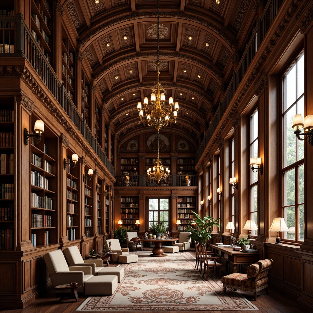 Prompt: Rich wooden shelving, ornate carvings, classic library atmosphere, traditional English style, leather-bound books, rolling ladders, warm golden lighting, comfortable reading nooks, plush armchairs, intricate moldings, grand high ceilings, large windows, elegant chandeliers, sophisticated color palette, subtle texture variations, soft focus, shallow depth of field, 2/3 composition, symmetrical framing, realistic wood grain, ambient occlusion.