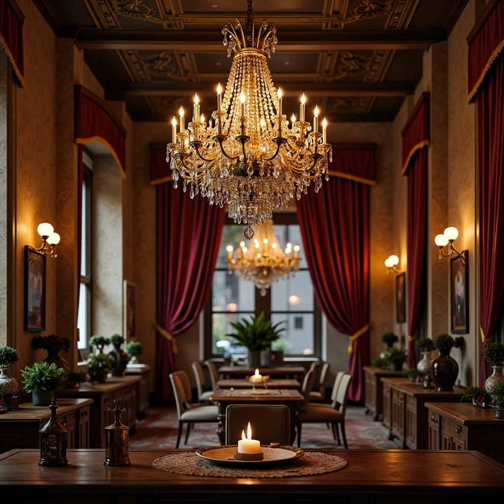 Prompt: Ornate chandeliers, crystal droplets, golden accents, velvet drapes, rich wood tones, luxurious fabrics, grandiose mirrors, antique bronze fixtures, intricate metalwork, ornamental lanterns, warm candlelight, soft glow, ambient shadows, 3/4 composition, shallow depth of field, realistic textures, ambient occlusion.