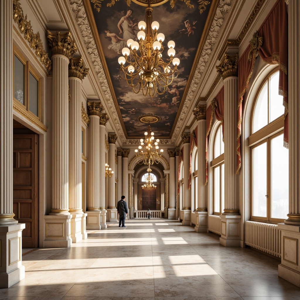 Prompt: Elegant neoclassical interior, ornate moldings, intricate carvings, marble wainscoting, fresco ceilings, grand chandeliers, ornamental pilasters, Corinthian columns, arched windows, velvet drapes, gilded frames, subtle texture variations, warm beige tones, soft diffused lighting, shallow depth of field, 1/2 composition, realistic reflections, ambient occlusion.