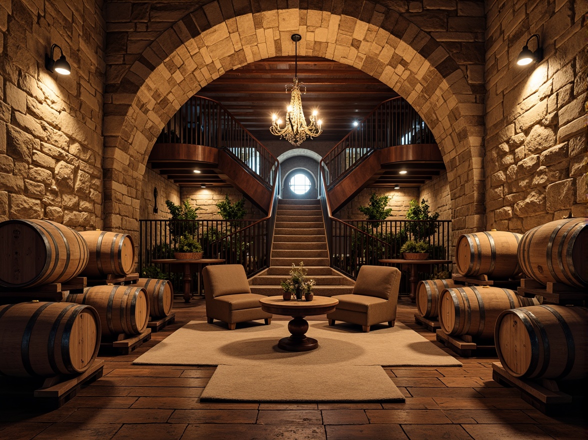 Prompt: Rustic wine cellar, distressed wood flooring, weathered stone walls, vintage wine barrels, soft warm lighting, earthy color palette, natural stone features, reclaimed wood accents, ornate metalwork, elegant chandeliers, rich textiles, plush area rugs, aged brick arches, curved wooden staircases, intimate seating areas, dimmable lighting, 1/1 composition, shallow depth of field.