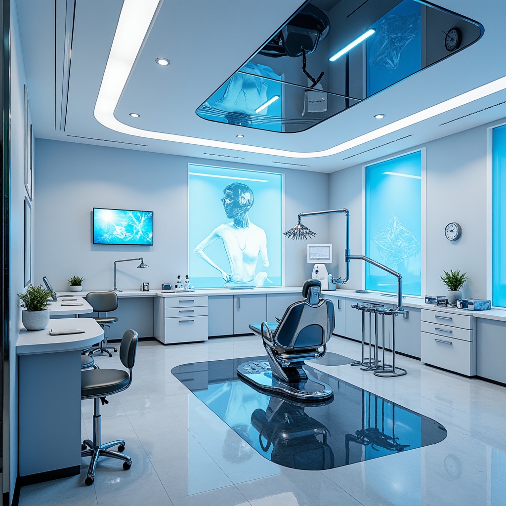 Prompt: Futuristic dental clinic, sleek metallic surfaces, neon blue accents, LED lighting strips, holographic displays, minimalist white walls, polished chrome equipment, crystal clear glass partitions, geometric patterns, abstract futuristic art pieces, ambient soft glow, shallow depth of field, 1/1 composition, realistic reflections, high-tech atmosphere, sterile modern ambiance, calming pastel colors, gentle misting system.