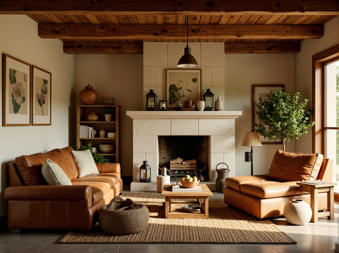 Prompt: Earthy craftsman interior, warm beige walls, rich wood tones, rustic wooden beams, cozy stone fireplace, vintage metal lanterns, soft sage green accents, distressed leather upholstery, natural fiber rugs, woven baskets, earthy terracotta pottery, warm golden lighting, 1/2 composition, intimate atmosphere, realistic textures, ambient occlusion.