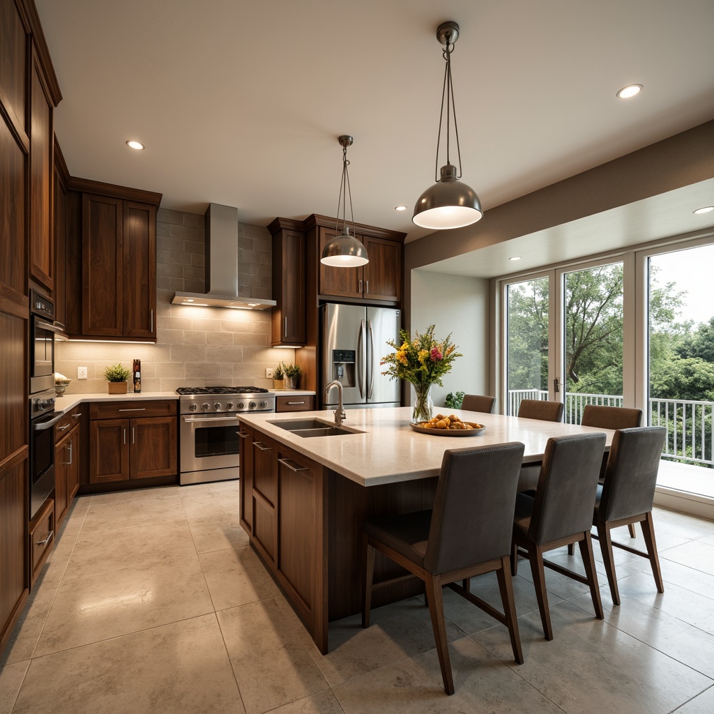 Prompt: Elegant kitchen island, rich wood cabinetry, quartz countertops, polished chrome fixtures, stainless steel appliances, modern pendant lighting, warm beige backsplash, natural stone flooring, subtle texture variations, shallow depth of field, 1/2 composition, realistic material reflections, ambient occlusion.