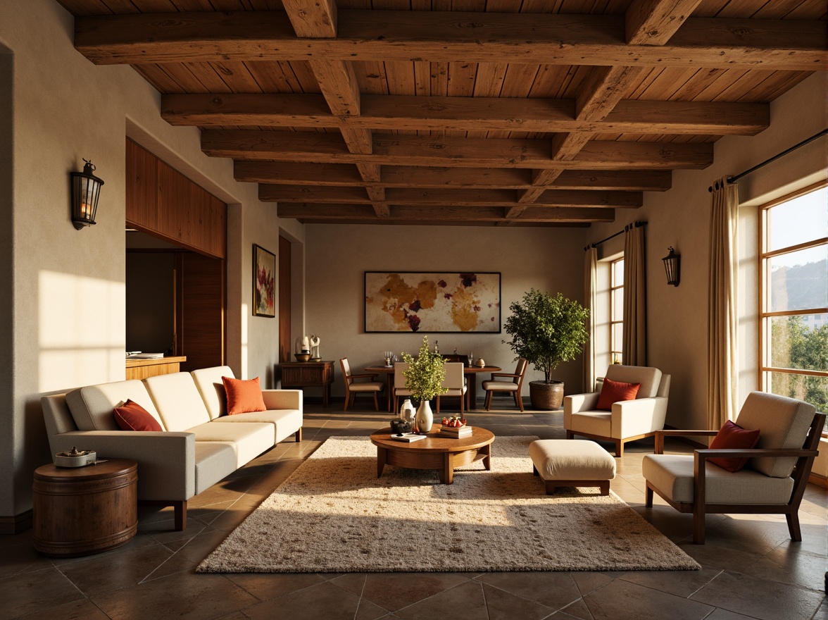 Prompt: Warm beige walls, rich wood accents, soft cream upholstery, distressed leather furniture, natural stone flooring, plush area rugs, vintage metal lighting fixtures, ornate wooden moldings, earthy color palette, cozy atmosphere, warm golden lighting, shallow depth of field, 2/3 composition, realistic textures, ambient occlusion.