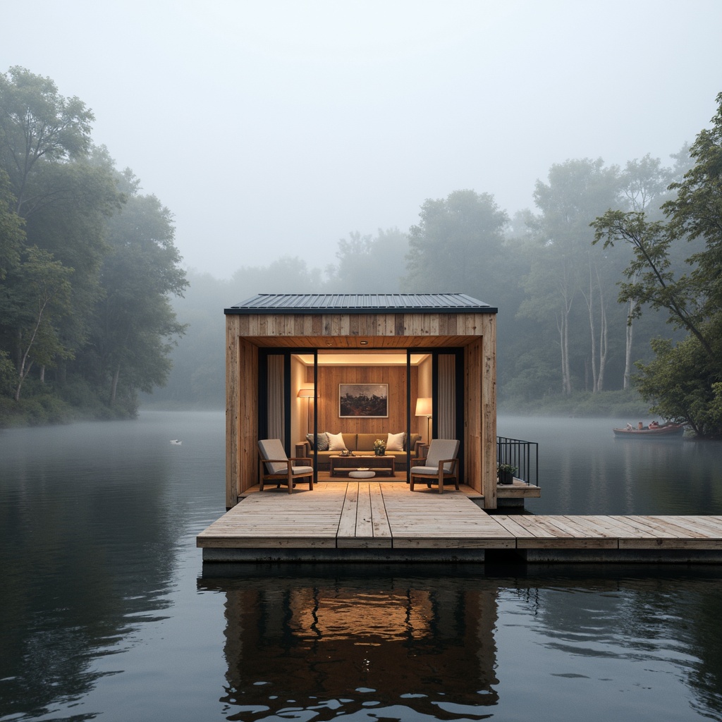 Prompt: Weathered wooden dock, serene lake surroundings, misty morning atmosphere, eco-friendly boathouse design, minimalist architecture, natural reclaimed wood, low-maintenance materials, corrugated metal roofing, solar-powered lighting, energy-efficient systems, recycled glass windows, sustainable textiles, organic color palette, earthy tone accents, cozy interior spaces, nautical-themed decor, soft warm lighting, shallow depth of field, 1/1 composition, panoramic view, realistic textures, ambient occlusion.