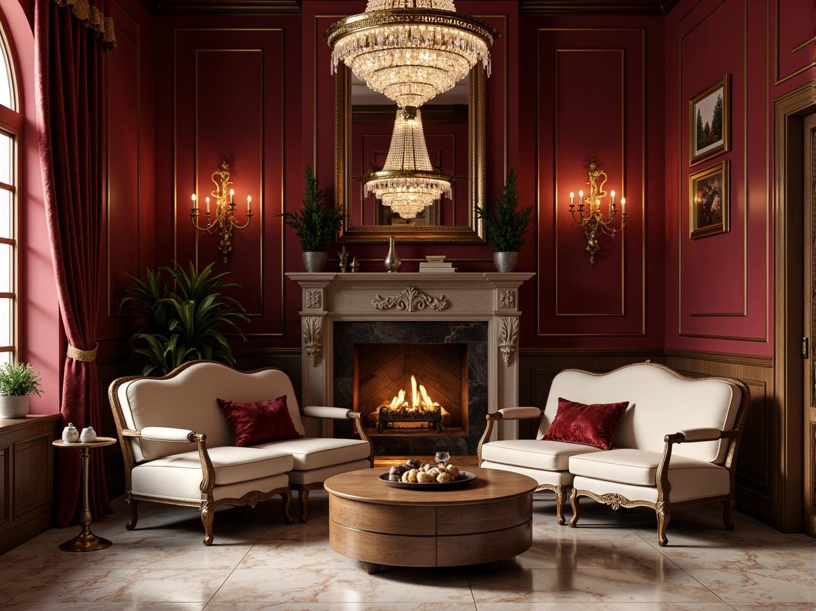 Prompt: Rich burgundy walls, luxurious velvet fabrics, golden accents, ornate wooden furniture, lavish crystal chandeliers, soft cream-colored marble floors, warm beige upholstery, subtle bronze metallic tones, elegant curved lines, sophisticated ambiance, intimate cozy atmosphere, warm candlelight, low-key dramatic shadows, 1/2 composition, cinematic color grading, realistic material textures.