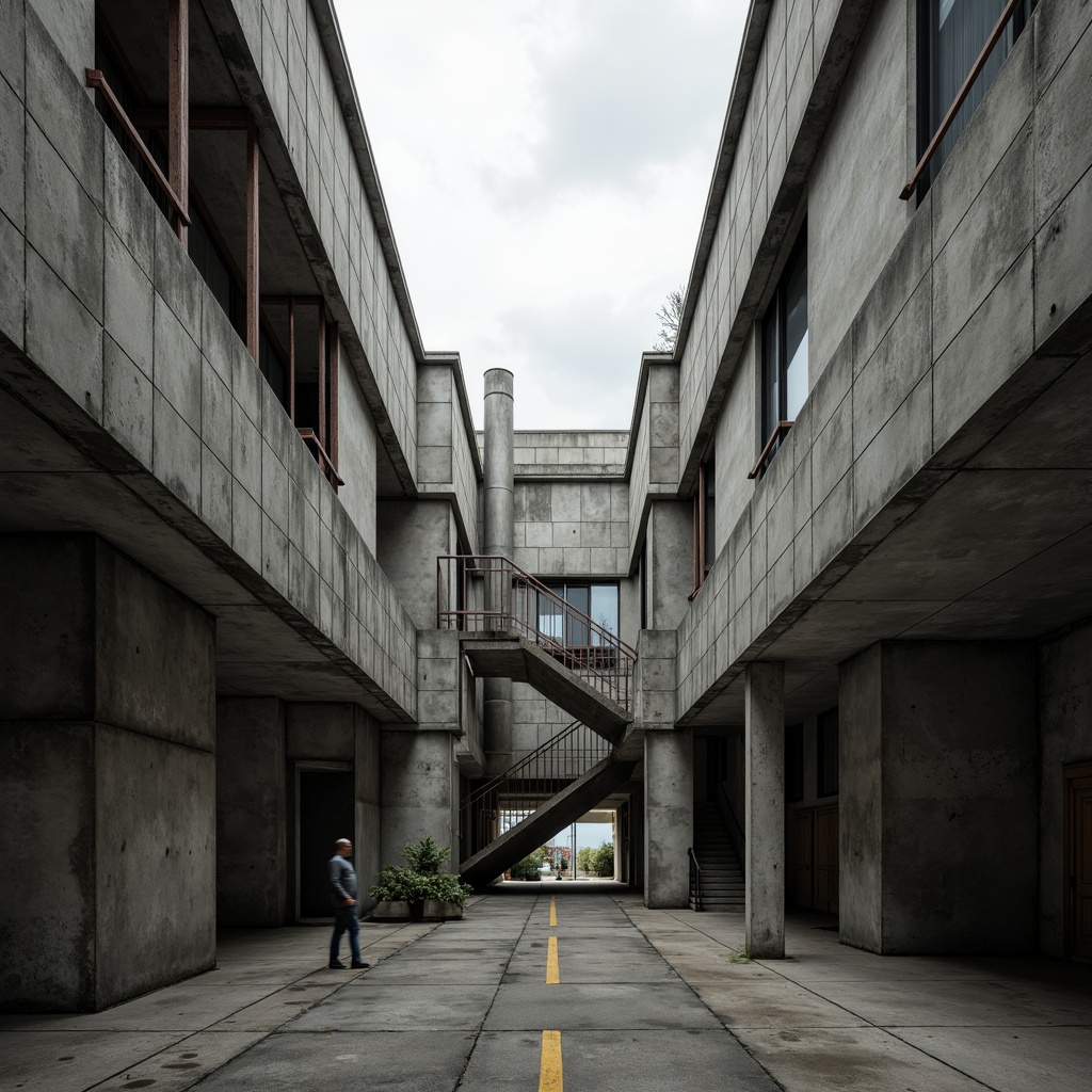 Prompt: Raw concrete structures, brutalist architecture, rugged textures, open spaces, industrial ambiance, minimal ornamentation, functional design, exposed ductwork, poured-in-place concrete, geometric shapes, urban landscape, overcast sky, dramatic shadows, low-key lighting, wide-angle lens, symmetrical composition, atmospheric perspective, abstract patterns, bold color contrasts, monochromatic palette.