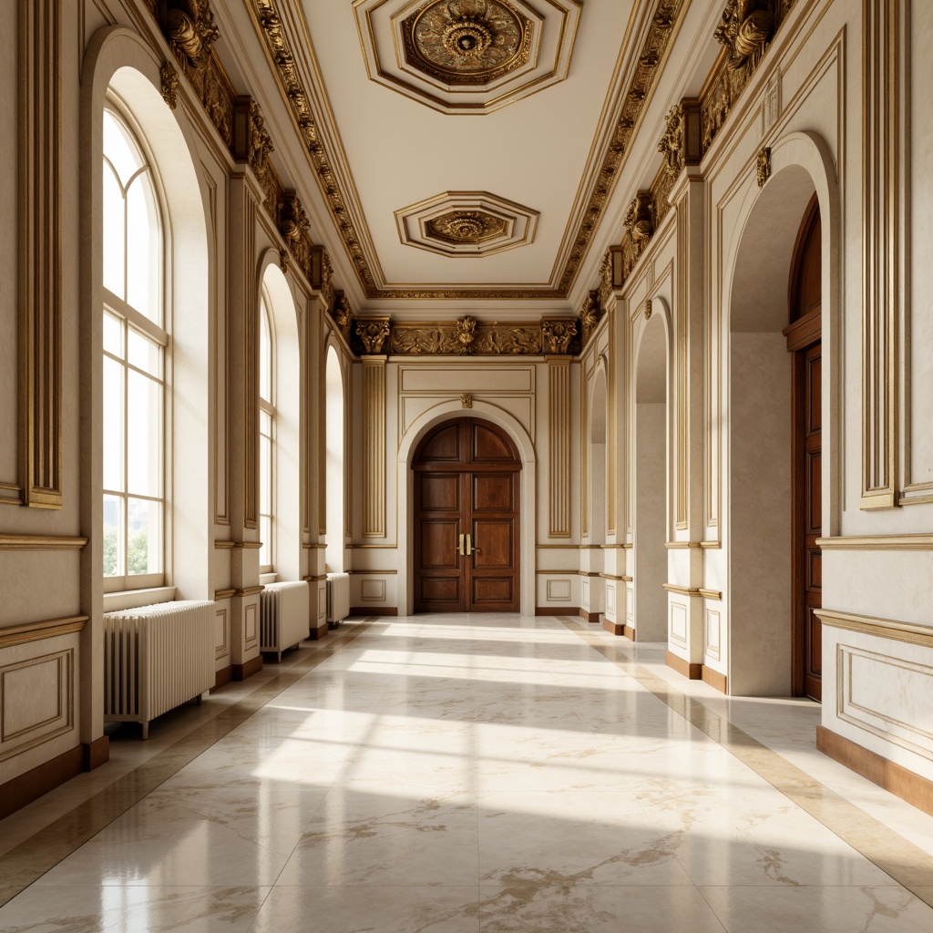 Prompt: Elegant neoclassical interior, ornate moldings, decorative wainscoting, subtle paneling, rich wood tones, creamy marble walls, gilded accents, intricate carvings, ornamental ceiling medallions, soft diffused lighting, warm beige colors, classical proportions, symmetrical composition, realistic textures, ambient occlusion.