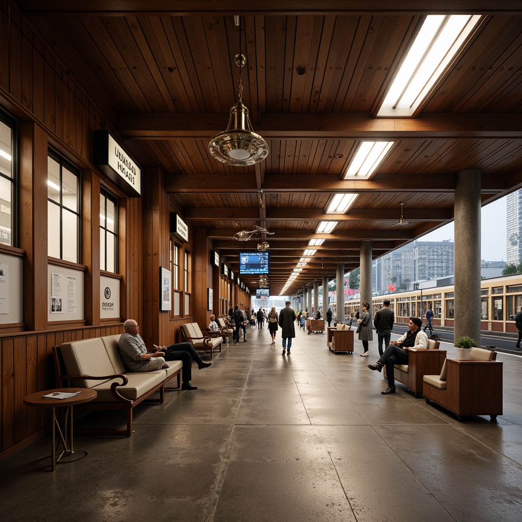 Prompt: Elegant waiting area, rich wood tones, comfortable benches, vintage luggage racks, classic clock towers, sophisticated metal fixtures, warm fluorescent lighting, subtle color palette, polished concrete floors, modernized heritage architecture, spacious platforms, urban cityscape views, busy commuter atmosphere, shallow depth of field, 1/2 composition, realistic textures, ambient occlusion.