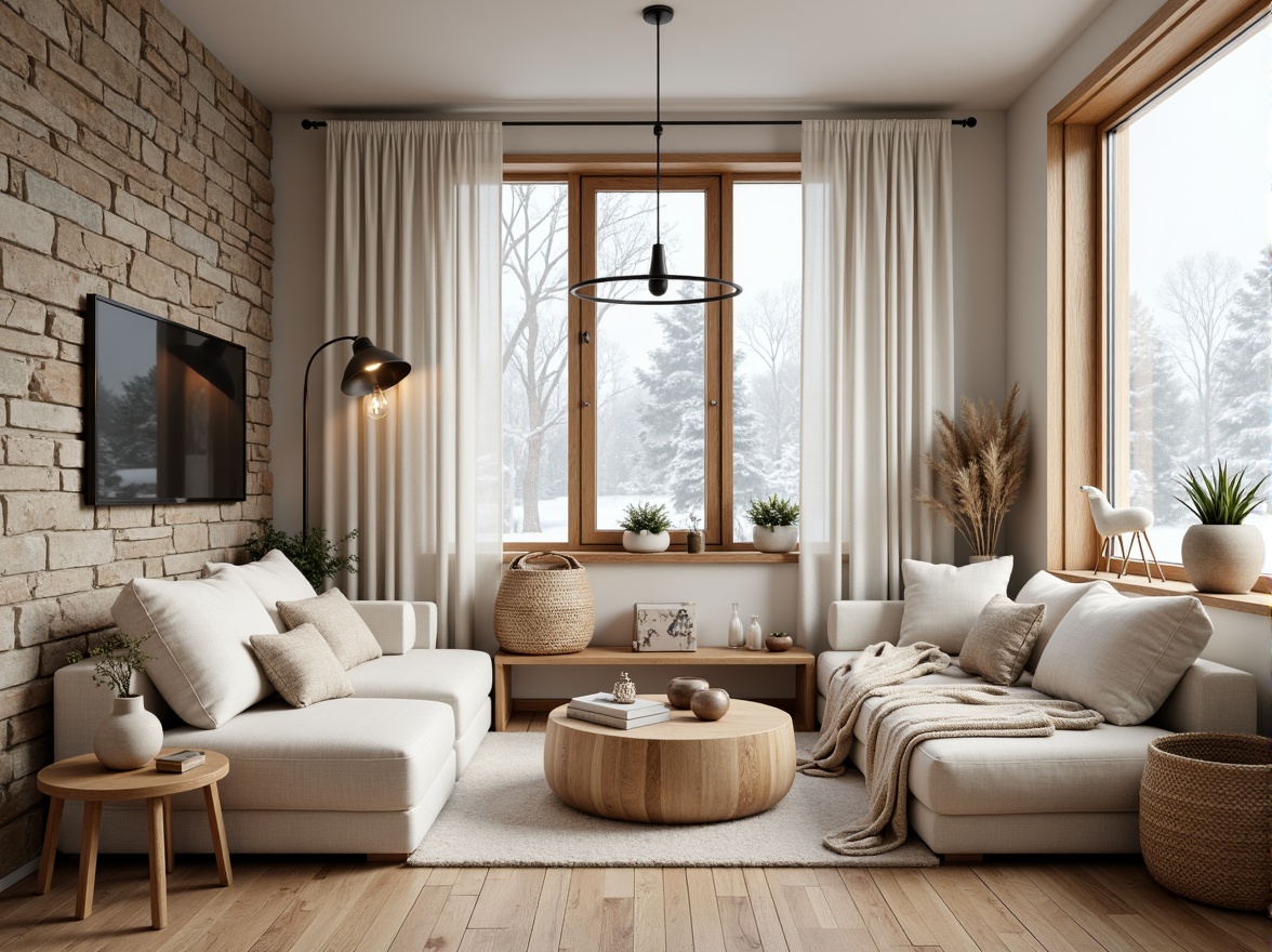 Prompt: Cozy living room, Nordic-inspired decor, wooden accents, minimalist furniture, soft pastel colors, creamy whites, warm beige tones, natural textiles, woven baskets, pendant lamps, industrial metal shades, Edison bulbs, table lamps, floor lamps, softbox lighting, warm ambiance, inviting atmosphere, Nordic minimalism, Scandinavian modernity, clean lines, simple shapes, functional design, cozy nooks, reading corners, comfortable seating, plush throw blankets, natural materials, wooden floors, stone walls, plants and greenery, large windows, snowy winter day, soft diffused light, 1/2 composition, realistic textures, ambient occlusion.