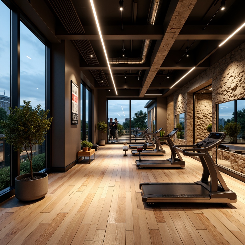 Prompt: Modern home gym, transitional interior design, sleek metal equipment, mirrored walls, polished wooden floors, natural stone accents, recessed lighting, LED strip lights, ambient glow, soft warm illumination, 3/4 composition, shallow depth of field, realistic textures, minimalist decor, industrial chic style, urban loft ambiance, motivational quotes, fitness-inspired artwork, panoramic view.