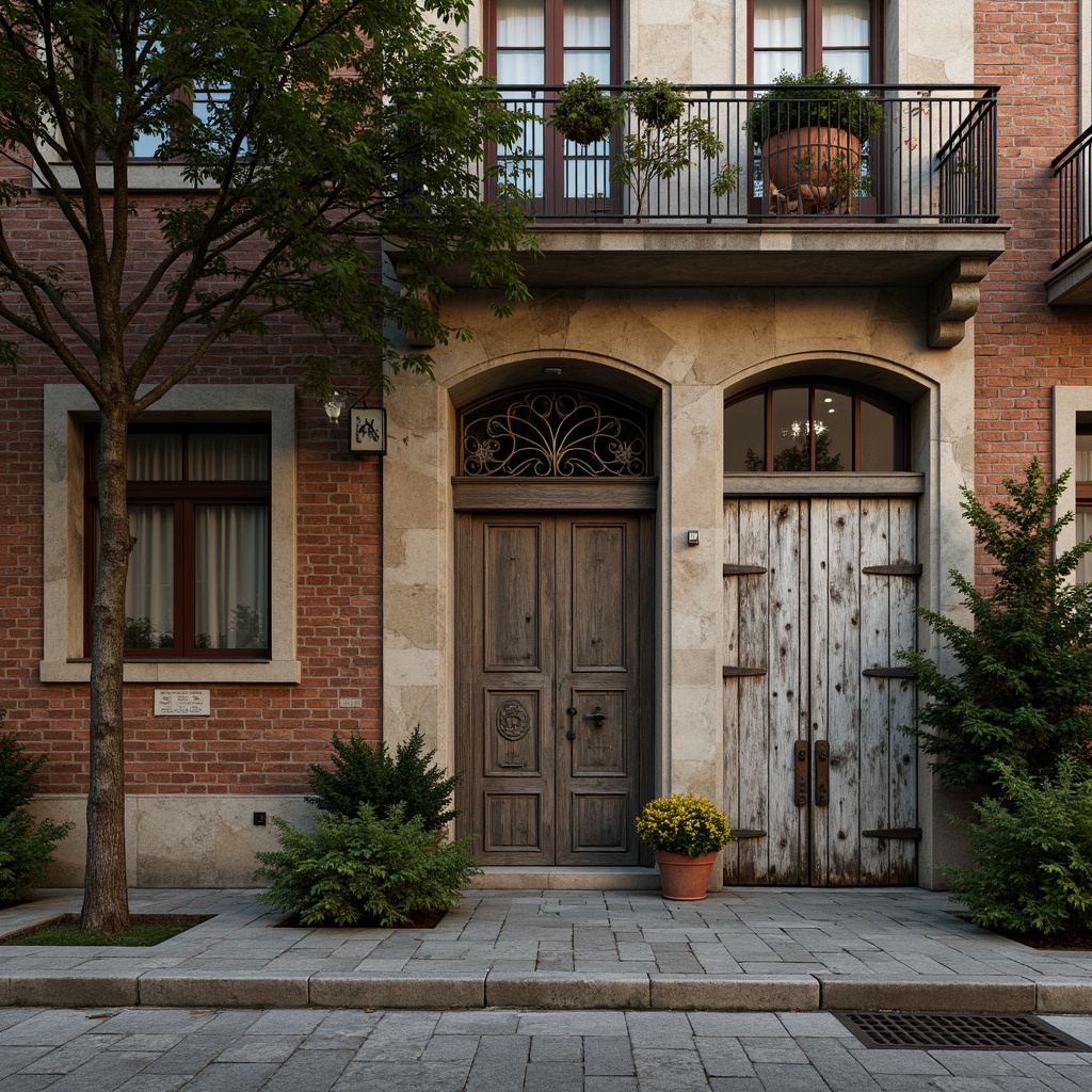 Prompt: Rustic stone walls, weathered wooden planks, distressed brick facades, ornate metal grillwork, ivy-covered surfaces, moss-filled crevices, peeling paint, faded murals, crumbling concrete, rough-hewn timber frames, aged stonework, worn cobblestone streets, soft warm lighting, shallow depth of field, 3/4 composition, realistic textures, ambient occlusion.