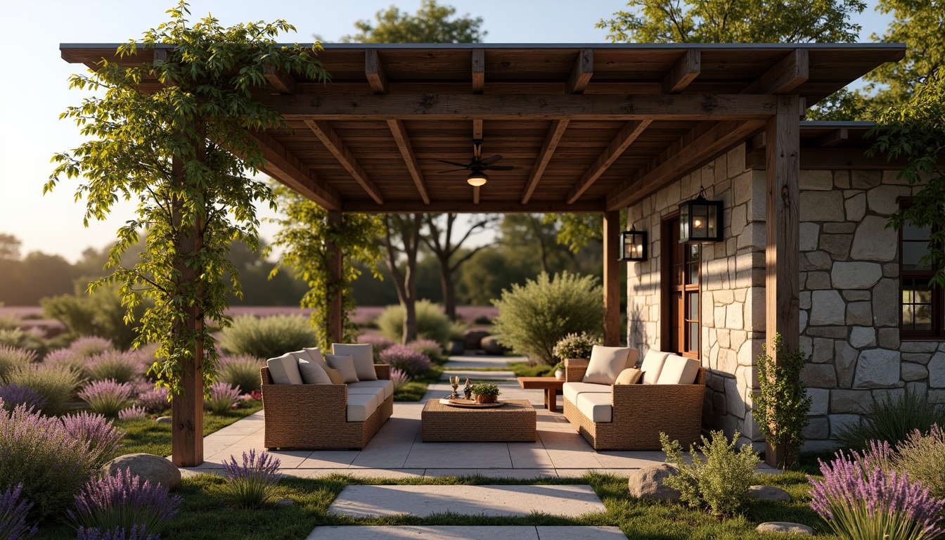 Prompt: Rustic wooden pavilion, natural stone foundation, vines crawling up columns, distressed metal roof, earthy color palette, soft warm lighting, lantern-style lamps, woven wicker furniture, plush velvet cushions, lavender fields, sunny afternoon, gentle breeze, shallow depth of field, 1/1 composition, realistic textures, ambient occlusion.