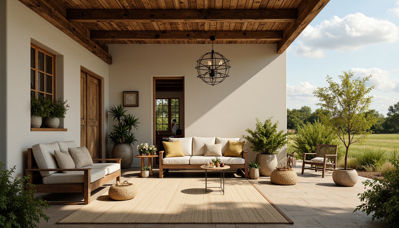 Prompt: Rustic farmhouse, weathered wood accents, vintage metal decor, soft earthy tones, muted greens, creamy whites, distressed finishes, natural textiles, woven baskets, potted plants, sun-kissed fields, warm golden lighting, shallow depth of field, 1/1 composition, realistic textures, ambient occlusion.