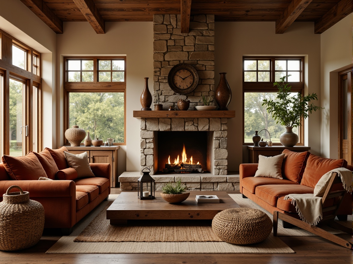 Prompt: Earthy Craftsman-style interior, warm beige walls, rich wood tones, natural stone fireplaces, comfortable velvet sofas, distressed leather armchairs, vintage metal lanterns, woven wicker baskets, earthy terracotta vases, organic shapes, soft warm lighting, shallow depth of field, 1/2 composition, cozy atmosphere, realistic textures, ambient occlusion.