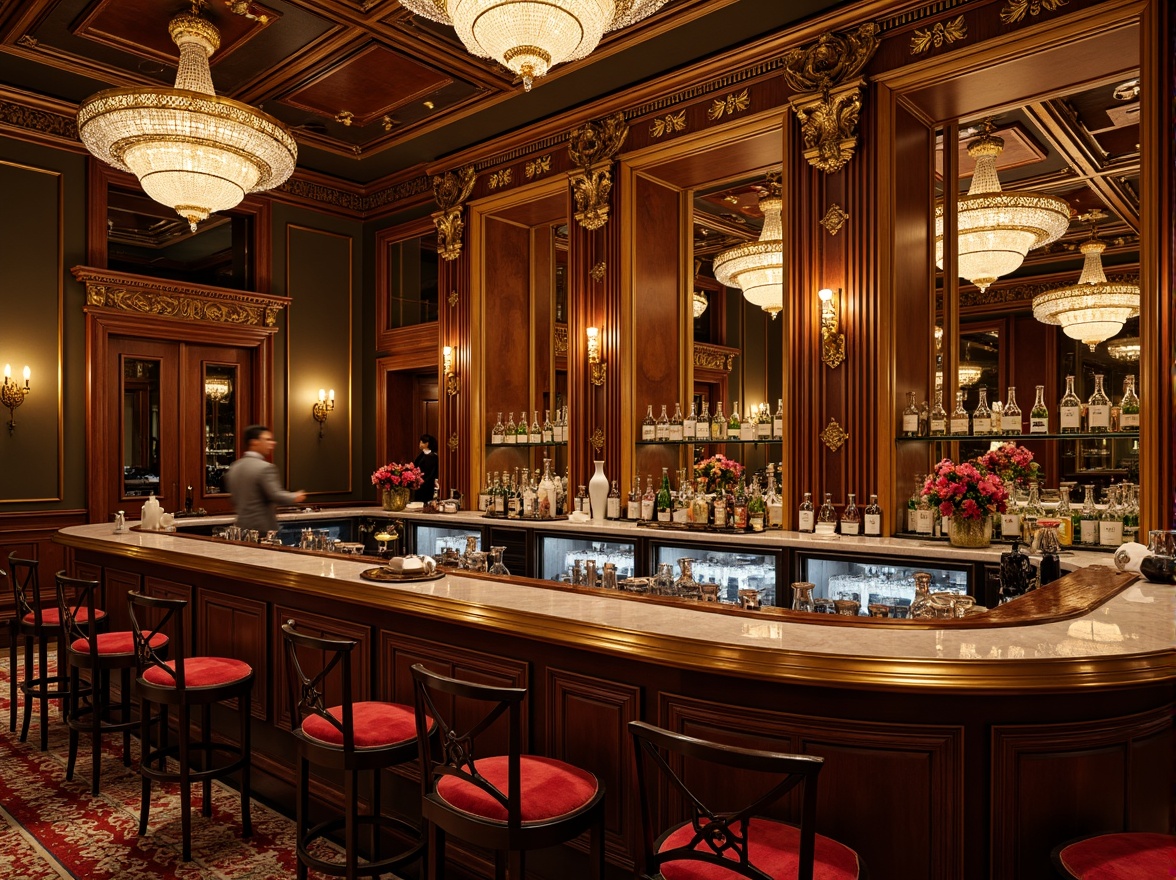 Prompt: Opulent bar counter, intricate carvings, gilded accents, rich velvet fabrics, ornate mirrors, crystal chandeliers, luxurious marble tops, carved wooden panels, antique bronze hardware, lavish drapery, grandiose architectural details, warm golden lighting, shallow depth of field, 2/3 composition, realistic textures, ambient occlusion.