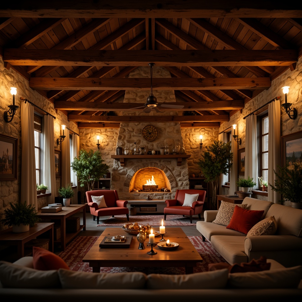 Prompt: Warm farmhouse interior, rustic wooden beams, vintage metal lanterns, soft warm lighting, cozy ambiance, natural stone walls, distressed wood accents, plush velvet furniture, earthy color palette, candlelight glow, cinematic high contrast, shallow depth of field, 2.35