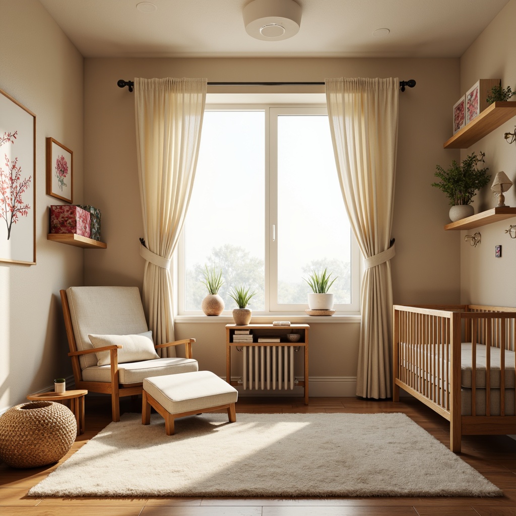 Prompt: Cozy baby room, traditional Asian decor, natural wood furniture, soft cream curtains, delicate cherry blossom patterns, gentle lighting, plush area rugs, minimalist crib, comfortable nursing chair, woven bamboo shelves, colorful fabric storage bins, serene wall art, peaceful botanical prints, warm beige walls, subtle gold accents, shallow depth of field, 1/1 composition, intimate atmosphere, realistic textures.