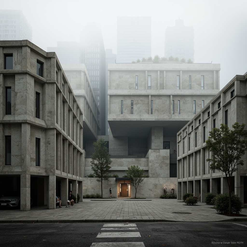 Prompt: Exposed concrete structures, rugged brutalist architecture, vast open spaces, minimal ornamentation, raw industrial materials, bold geometric forms, fortress-like buildings, monumental scale, dramatic shadow play, high-contrast lighting, abstract sculptures, urban landscape, city skyline, misty atmosphere, soft focus, 1/2 composition, cinematic mood, realistic textures, ambient occlusion.