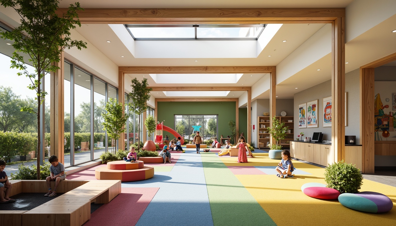 Prompt: Vibrant kindergarten playground, open spaces, modern minimalist architecture, clean lines, bright colors, educational murals, interactive playsets, soft rubber flooring, natural wood accents, ample daylight, clerestory windows, sliding glass doors, whimsical furniture design, cozy reading nooks, collaborative learning zones, flexible seating arrangements, playful textile patterns, geometric shapes, joyful atmosphere, warm sunny day, shallow depth of field, 3/4 composition, panoramic view, realistic textures, ambient occlusion.