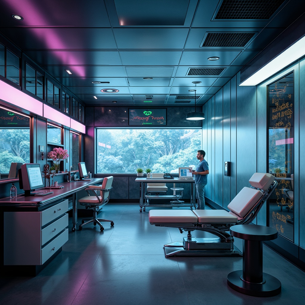 Prompt: Futuristic clinic interior, sleek metallic surfaces, high-gloss finishes, polished chrome accents, neon-lit signage, holographic displays, minimalist furniture design, ergonomic exam tables, sterilized equipment, advanced medical technology, LED lighting, ambient glow, soft focus blur, shallow depth of field, 1/2 composition, cinematic mood, atmospheric misting, translucent glass partitions, iridescent color schemes, pearlescent materials, intricate circuit patterns.