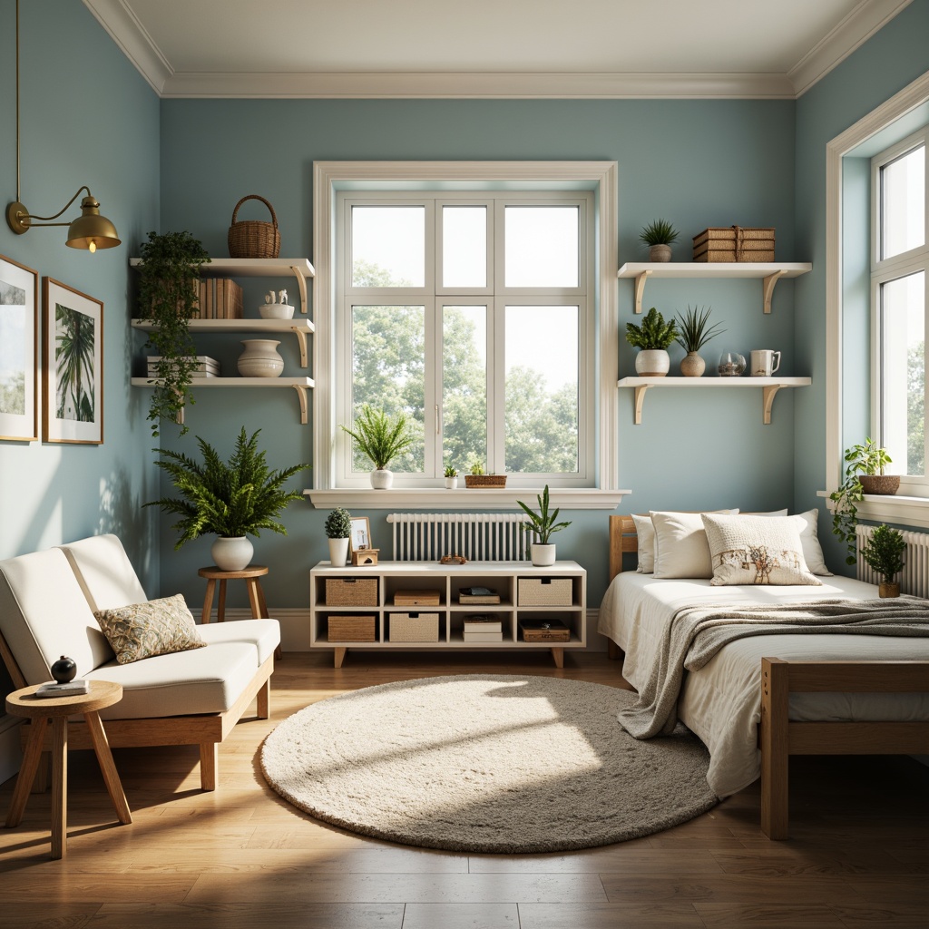 Prompt: Cozy dorm room, soft warm lighting, calming color scheme, pale blue walls, creamy white furniture, natural wood accents, plush area rug, vibrant green plants, modern minimalist decor, functional storage units, comfortable bedding, relaxing ambiance, shallow depth of field, 1/1 composition, realistic textures, ambient occlusion.