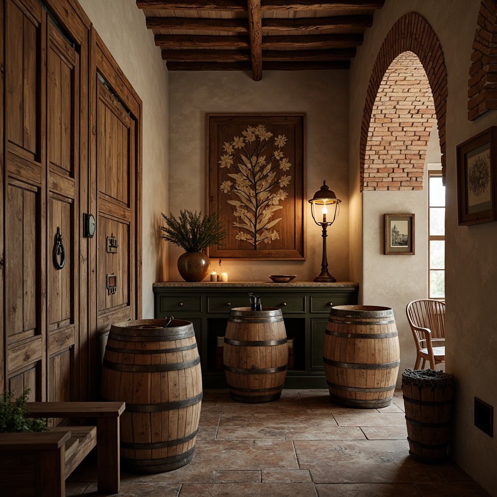 Prompt: Distressed wooden panels, vintage wine barrels, rustic stone walls, earthy tone color palette, soft warm lighting, ornate metal door handles, antique furniture pieces, floral patterned textiles, lace curtains, distressed finishes, worn brick archways, natural wood accents, candlelit ambiance, 1/1 composition, shallow depth of field, realistic textures, ambient occlusion.