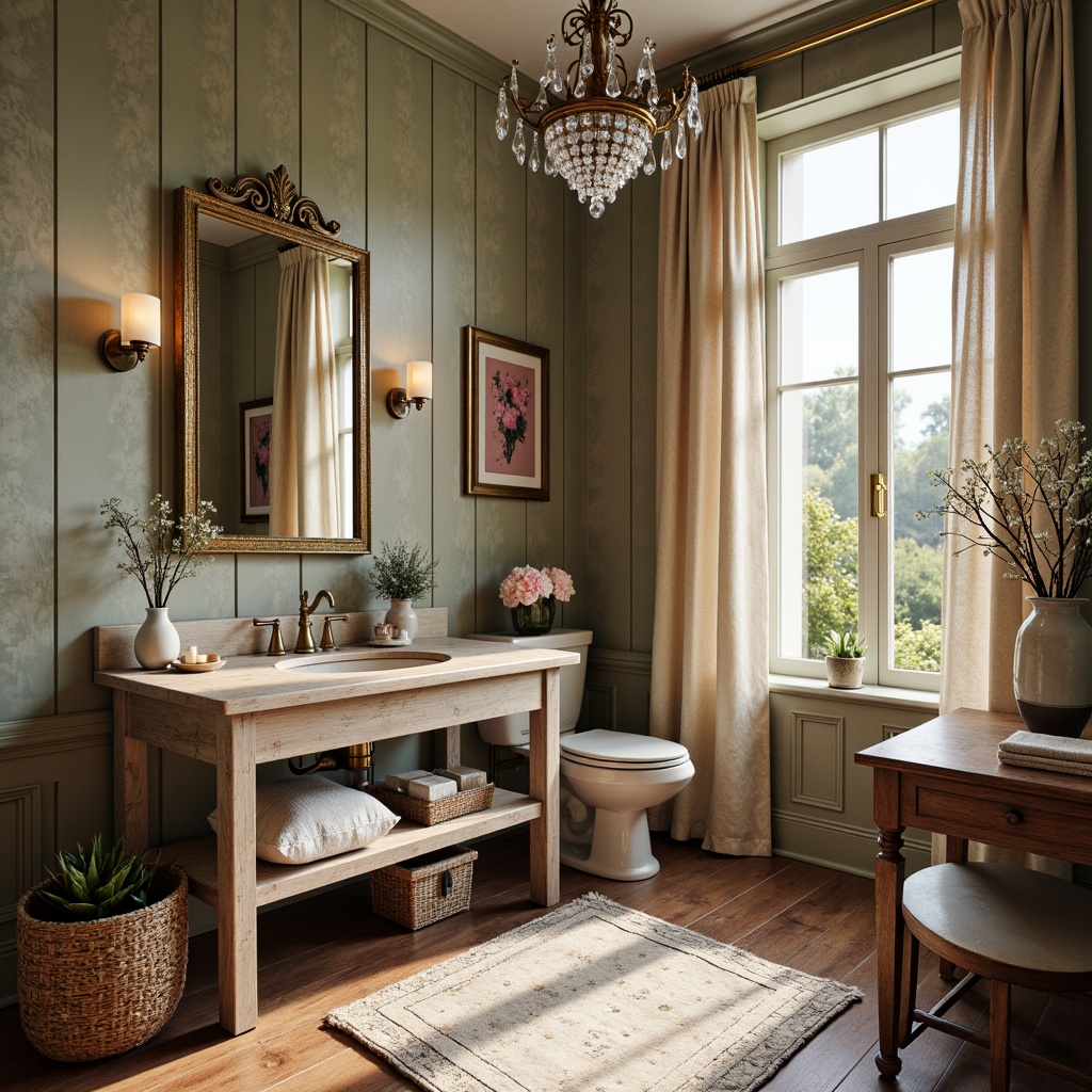 Prompt: Rustic powder room, distressed wooden accents, soft pastel hues, vintage floral patterns, delicate lace trim, ornate gold mirrors, crystal chandeliers, plush velvet fabrics, antique furniture pieces, distressed stone walls, natural linen drapes, soft candlelight, shallow depth of field, 3/4 composition, warm color palette, realistic textures.