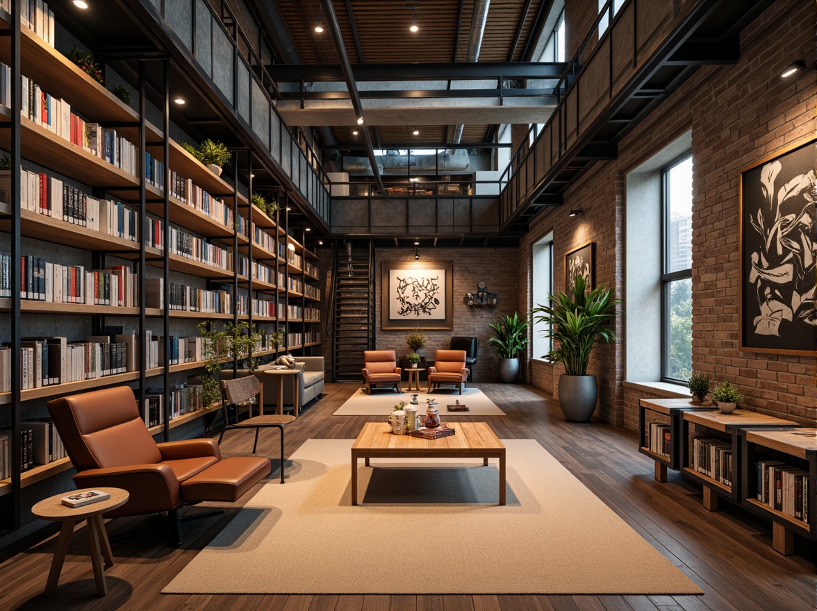 Prompt: Industrial bookshelves, metal ladder systems, wooden flooring, natural light pouring, minimalist decor, modernist architecture, rectangular shapes, primary color accents, functional furniture, geometric patterns, bold typography, cozy reading nooks, comfortable leather armchairs, warm task lighting, intimate atmosphere, shallow depth of field, 1/1 composition, realistic textures, ambient occlusion.