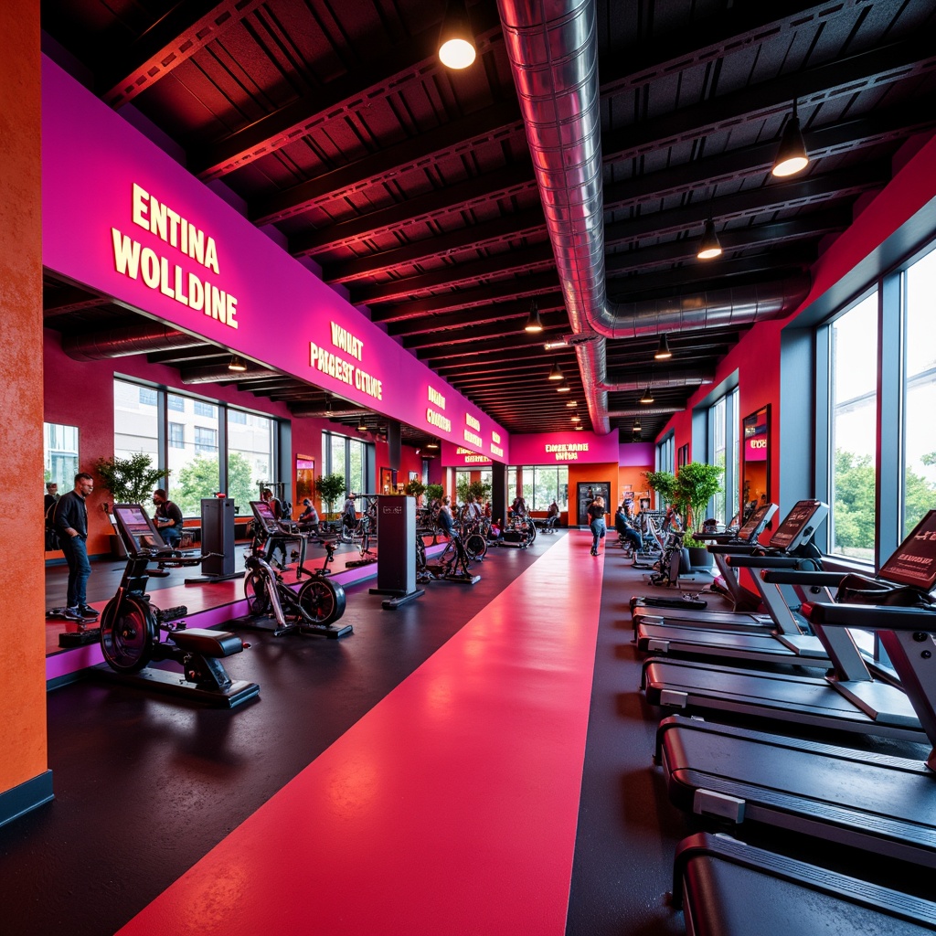 Prompt: Vibrant fitness studio, bold primary colors, energizing neon accents, motivational quotes, sleek modern equipment, polished metal surfaces, rubber flooring, mirrored walls, high ceilings, natural light, warm and inviting atmosphere, softbox lighting, shallow depth of field, 1/2 composition, realistic textures, ambient occlusion.