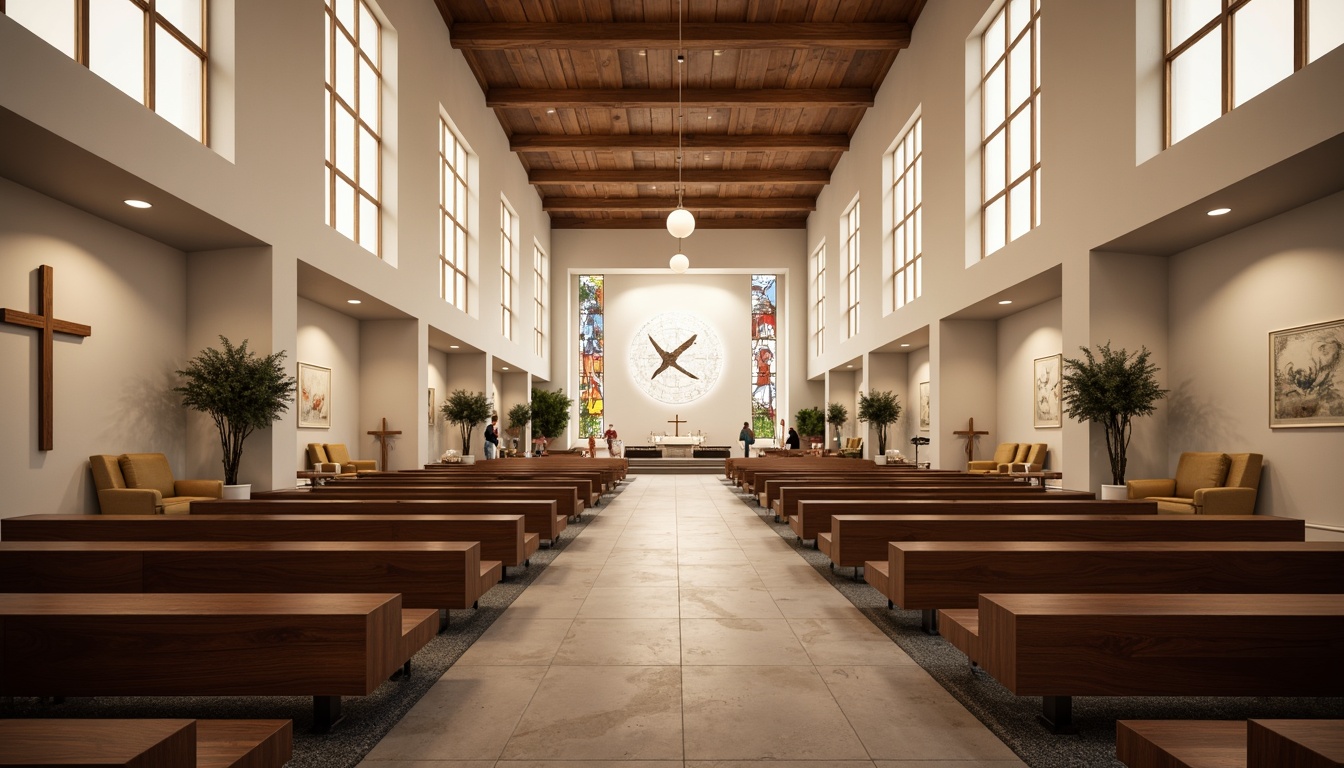 Prompt: Modern church interior, sleek lines, minimalist pews, polished wood accents, stained glass windows, subtle Christian symbols, soft warm lighting, comfortable seating areas, plush carpets, neutral color palette, elegant chandeliers, simple altarpieces, contemporary crosses, abstract artwork, tranquil atmosphere, natural stone flooring, minimalist decorative elements, understated luxury, 3/4 composition, realistic textures, ambient occlusion.