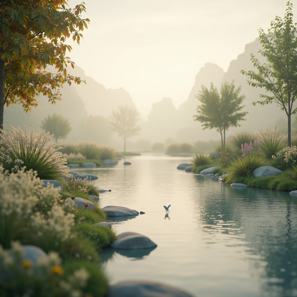 Prompt: Soft pastel hues, calming atmosphere, serene natural surroundings, gentle water features, lush greenery, blooming flowers, warm beige tones, creamy whites, pale blues, misty mornings, delicate petal textures, subtle gradient effects, 1/1 composition, shallow depth of field, soft focus, realistic lighting, ambient occlusion.