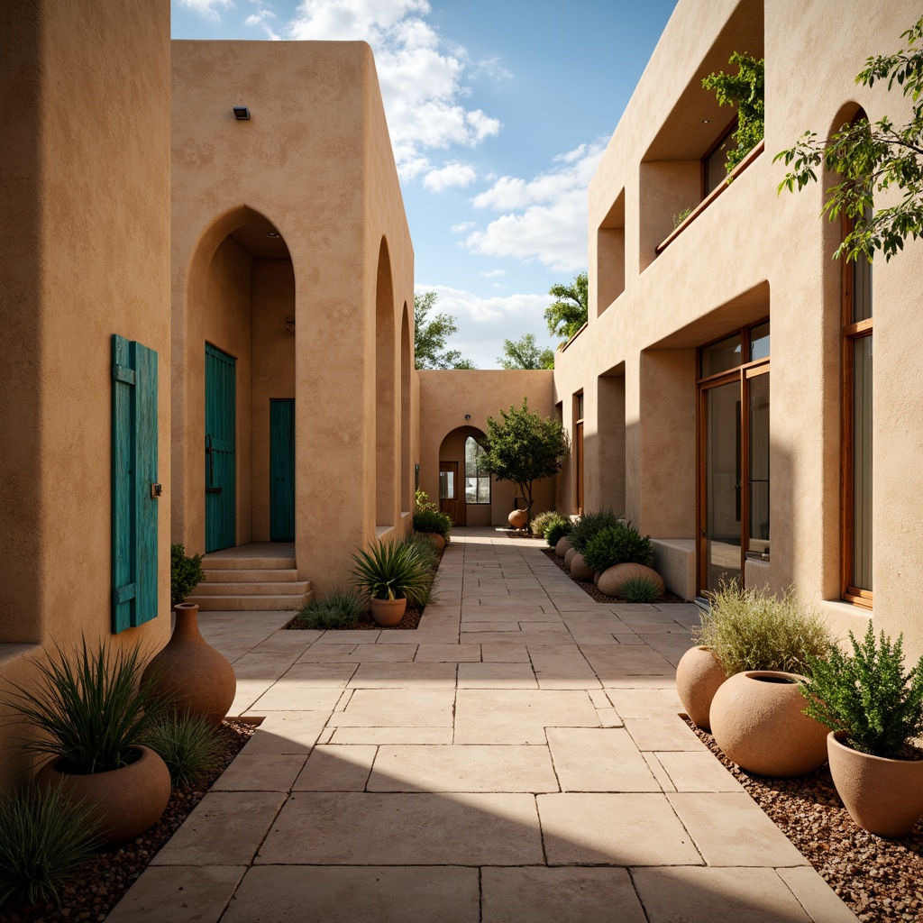 Prompt: Southwestern style adobe buildings, warm beige stucco walls, curved archways, rustic wooden doors, vibrant turquoise accents, natural stone floors, earthy terracotta pots, lush green succulents, airy open spaces, large windows, sliding glass doors, soft diffused light, warm golden hour, shallow depth of field, 3/4 composition, panoramic view, realistic textures, ambient occlusion.