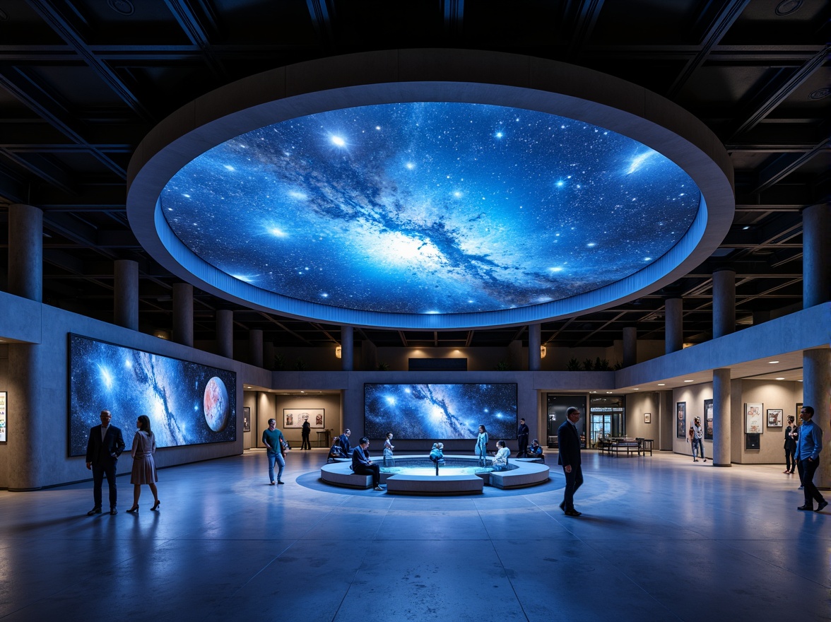 Prompt: Galactic planetarium, minimalist architecture, open space design, starry night sky, celestial bodies projections, sleek metal beams, polished concrete floors, modern astronomy equipment, interactive exhibits, immersive experiences, futuristic ambiance, soft blue lighting, subtle ambient sounds, shallow depth of field, 1/1 composition, wide-angle lens, realistic textures, ambient occlusion.