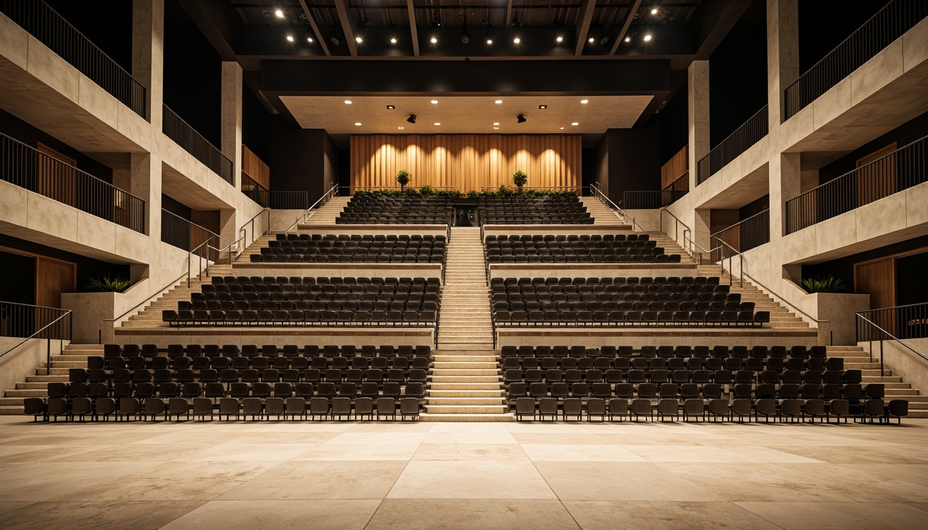 Prompt: Bauhaus-inspired amphitheater, steeped seating arrangement, geometric rows, minimalist metal chairs, cantilevered balconies, functional railings, industrial-style lighting, exposed concrete structures, angular staircases, open-plan layout, modernist architecture, brutalist elements, warm neutral color palette, natural stone flooring, dramatic spotlights, low-key ambient illumination, 3/4 composition, panoramic view, realistic textures, ambient occlusion.