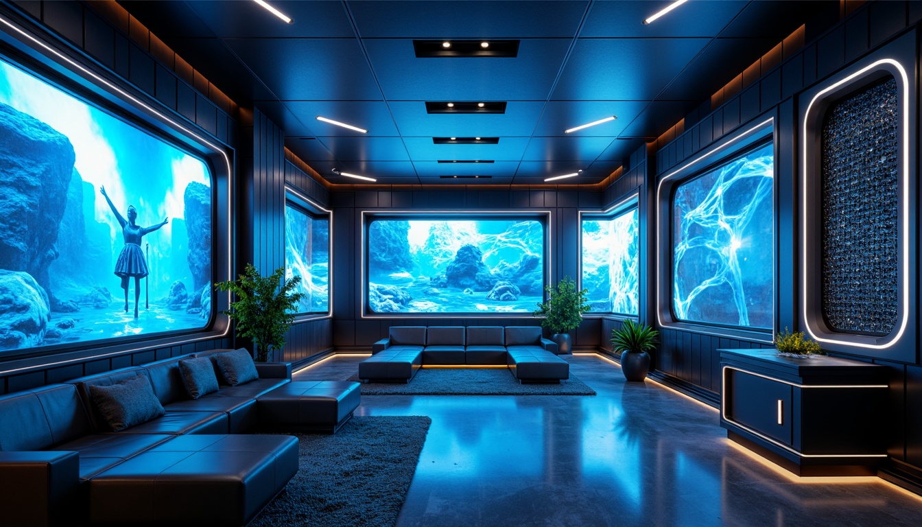 Prompt: Futuristic interior, neon lights, glowing accents, metallic reflections, holographic projections, ambient luminescence, sleek lines, minimalist decor, futuristic furniture, levitating objects, virtual reality interfaces, cyberpunk-inspired color schemes, electric blue hues, pulsing LED lights, atmospheric fog effects, 3D projection mapping, high-contrast ratios, cinematic lighting, dramatic shadows, abstract textures, iridescent materials, shimmering fabrics, avant-garde patterns.