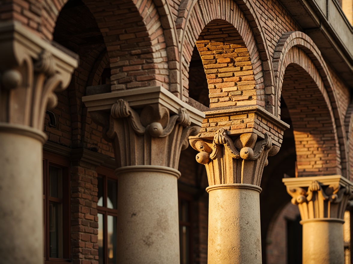 Prompt: Grandiose column details, ornate carvings, classical Greek influences, majestic stone capitals, fluted shafts, intricate moldings, rustic brickwork, weathered stone surfaces, earthy tones, warm golden lighting, shallow depth of field, 1/1 composition, symmetrical framing, realistic textures, ambient occlusion.