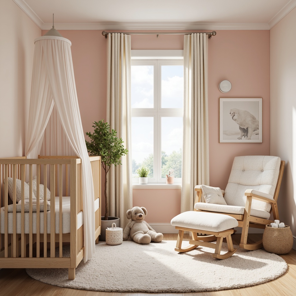 Prompt: Soft pastel colors, gentle fabric textures, plush area rugs, comfortable gliders, cozy cribs, warm wooden accents, natural fiber upholstery, soothing ambient lighting, calm nursery atmosphere, serene wall murals, baby-friendly materials, hypoallergenic fabrics, breathable mesh panels, gentle pattern repeats, subtle color gradations, tranquil overall aesthetic, peaceful ambiance, soft focus photography, shallow depth of field, 1/1 composition.