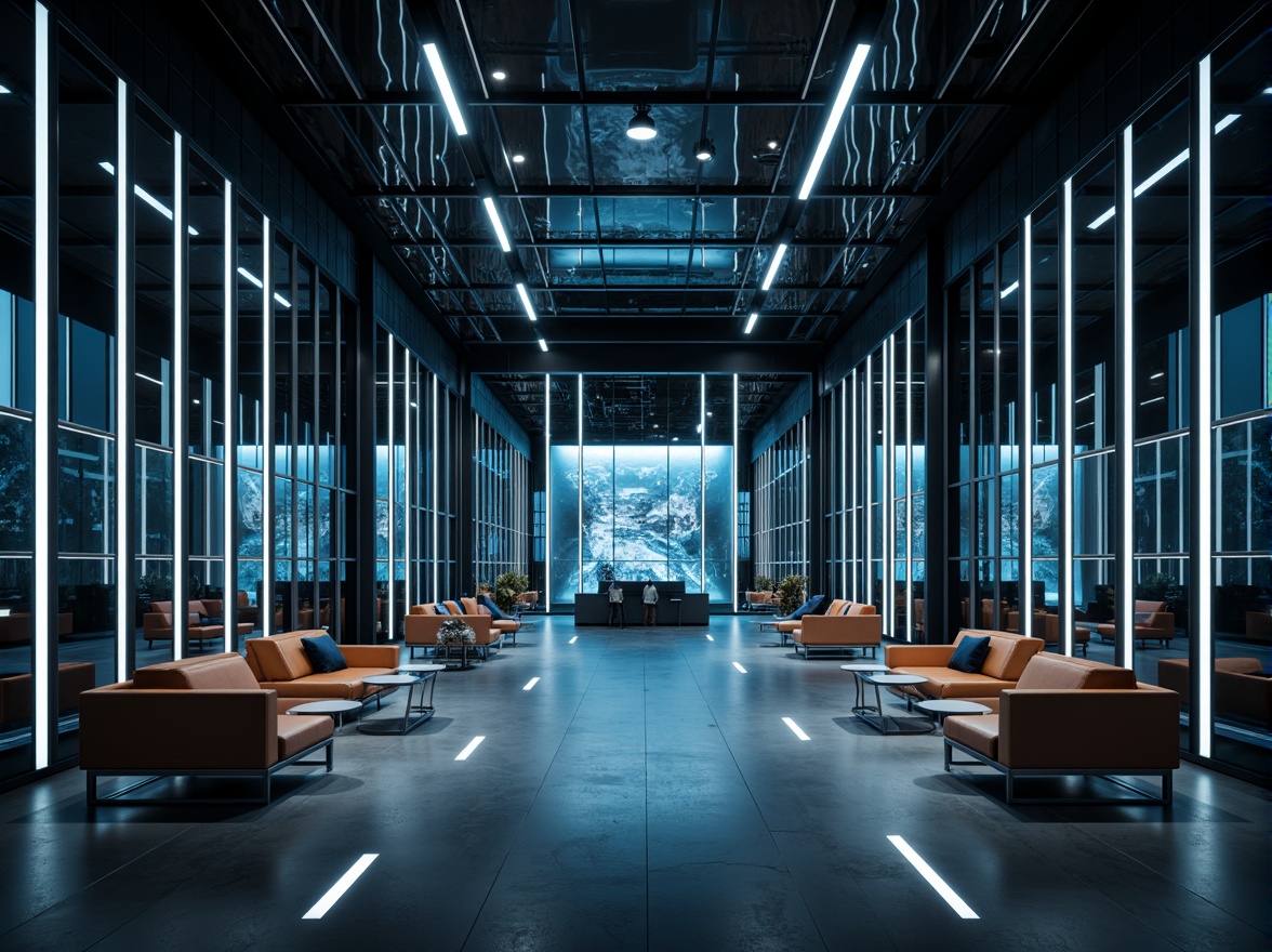 Prompt: Futuristic bank interior, sleek metallic walls, polished chrome accents, dark tinted glass partitions, neon-lit LED strips, holographic displays, minimalist furniture, ergonomic chairs, high-gloss flooring, reflective surfaces, abstract patterns, atmospheric ambient lighting, shallow depth of field, 1/1 composition, cinematic view, realistic textures, ambient occlusion.