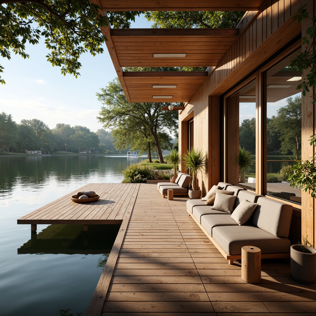 Prompt: Waterfront location, wooden dock, serene lake views, boathouse minimalism style, natural materials, reclaimed wood accents, floor-to-ceiling windows, sliding glass doors, skylights, soft warm lighting, gentle reflections, water-inspired color palette, nautical elements, cozy interior spaces, plush textiles, organic shapes, 1/1 composition, shallow depth of field, soft focus, realistic textures, ambient occlusion.